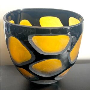 Large Vintage Black Over Amber Carved glass Vase Italian Mid Century Modern